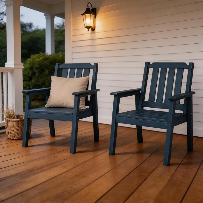 Outdoor Dining Chairs Set of 2, HDPE Patio Chairs 650LBS Capacity All-Weather Yard Armchair with Slatted Seat, 23.9" Wide Heavy Duty Modern Backyard Furniture for Garden, Poolside, Deck (Navy Blue)