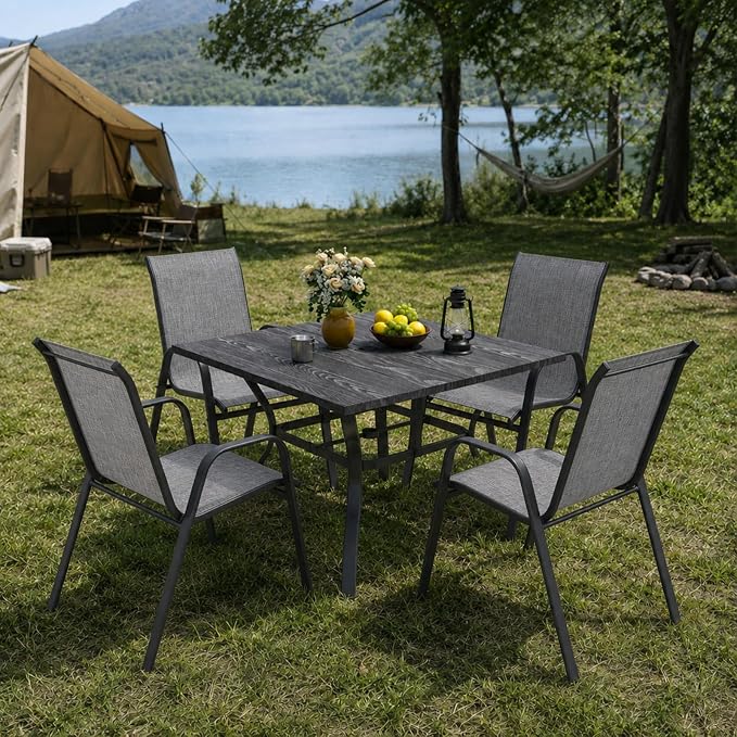 5 Piece Patio Dining Set, Stackable Outdoor Chairs Set of 4 with Textilene Fabric, 37.8" Wood-Grain Square Table with Umbrella Hole for Backyard Lawn Party (1 Table + 4 Chairs) (Grey)