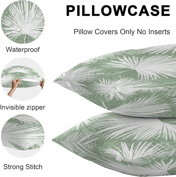 Throw Pillow Covers 26x26 Inch Set of 2, Sage Green Palm Leaves Coastal Waterproof Outdoor Pillow Covers, Summer Tropical Botanical Decorative Cushion Pillowcases for Couch, Sofa, Bed, Garden, Patio