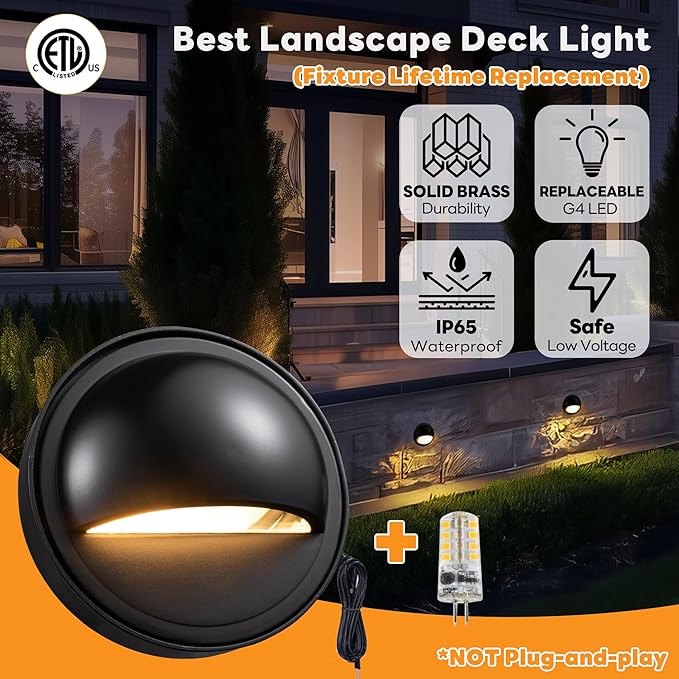Gardenreet Landscape LED Step Lights - Solid Brass Low Voltage Deck Light, Outdoor 12V Hardwired IP65 Waterproof, Black Round for Wall Garden Stair with 2700K Warm White G4 Bulb 12 Pack