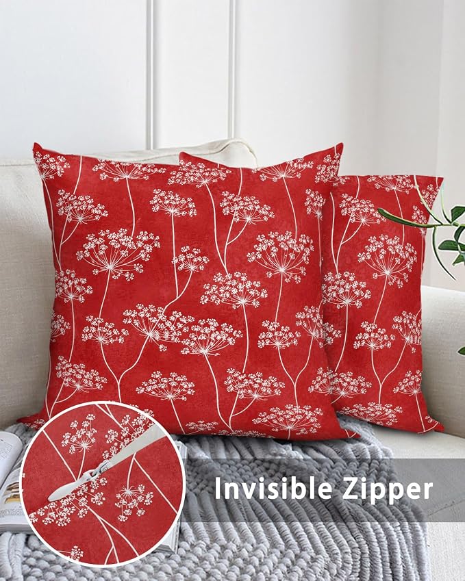 Outdoor Waterproof Throw Pillows 18x18in, Pastoral Wildflowers Dandelion Patio Pillows Pack of 2,Decorative Pillow Covers with Insert,Pillow Cushion Case for Garden Couch Sofa Vibrant Red Background