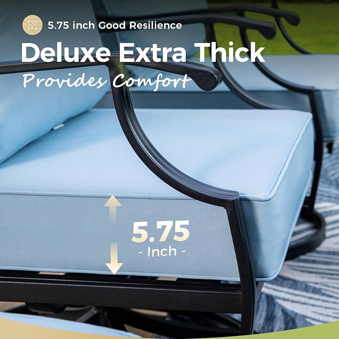 MIXPATIO Patio Furniture Set, 6 Pcs Metal Outdoor Conversation Set, 2 Rocker Chairs, 2 Ottomans and 3 Seater Sofa with 5.75" Extra Thick Cushion and Gas Fire Pit Table, Blue