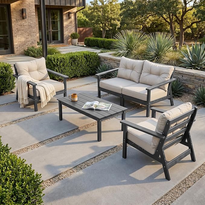 HDPE Patio Conversation Set 4 Seats, Outdoor Furniture Set, Patio Sofa Set | Water-Resistant Thick Cushion, HDPE All Weather, Wood-Grain, No Rot or Rust or Crack, UV Fade Shield, Easy-Clean for Outside