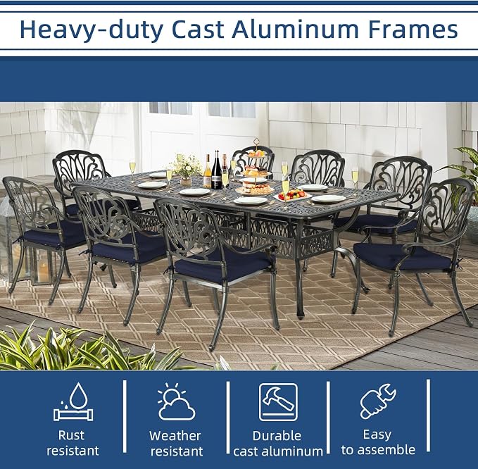 9-Piece Patio Cast Aluminum Dining Set, Outdoor Dining Furniture Set for 8 Person, Includes 94.5" Rectangular Dining Table and 8 Cushioned Chairs with Umbrella Hole, Navy Blue
