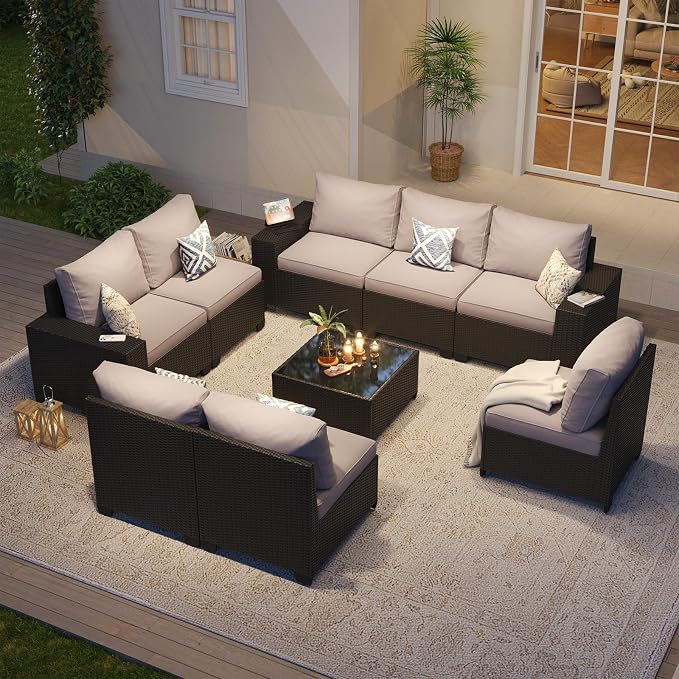 Aoxun Patio Furniture Set, 9 Pcs Outdoor Patio Furniture Sets with 4 in Thicken Cushion, Widen Armrests Wicker Outdoor Sectional for Backyard & Garden, Grey