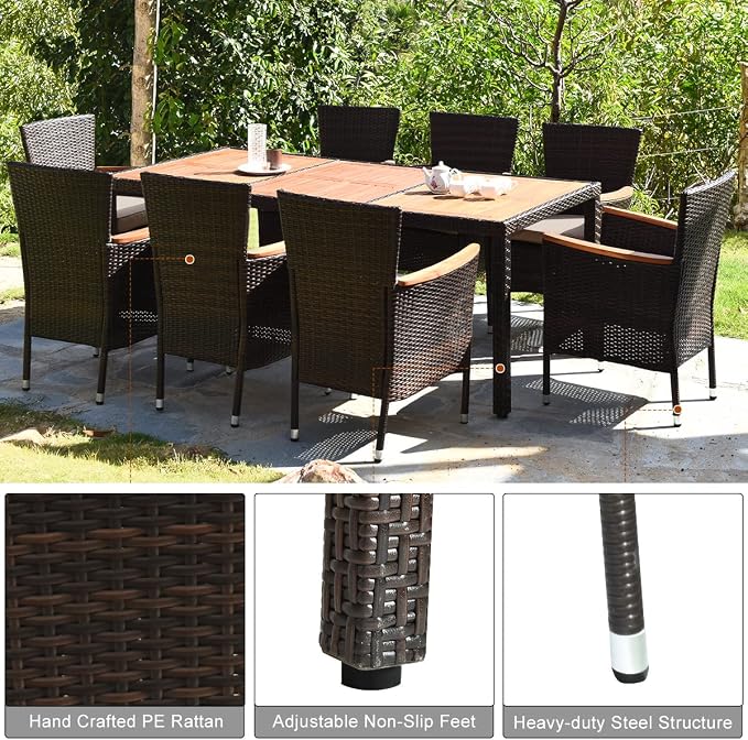 Patio Dining Set Outdoor Dining Set, 9 Pieces Wicker Patio Furniture Set with Acacia Wood Table and Chairs, Garden Dining Table Set for Backyard, Poolside, Desk, Christmas(Brown)