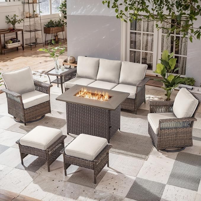 Patio Furniture Set with Fire Pit Table, 7PCS Patio Conversation Set Brown Resin Wicker Swivel Patio Chair Sofa Ottoman Set with Side Table and Fire Table PE Rattan Furniture Set