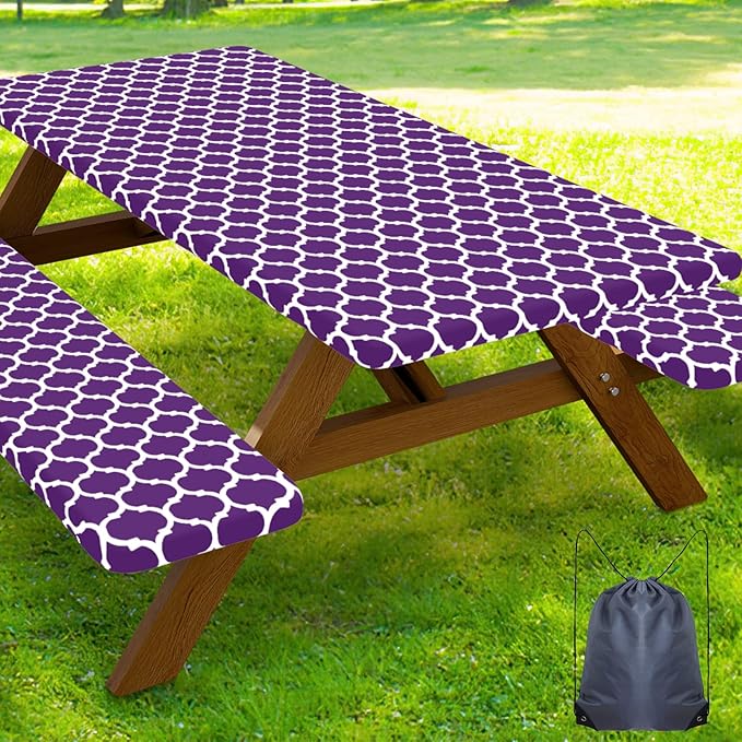 Smiry Picnic Table Cover with Bench Covers, Waterproof Elastic Fitted Tablecloth for 8 Foot Tables, Washable Polyester Tablecloths for Camping, Indoor & Outdoor (Purple, 30x96 Inch 3-pc Set)