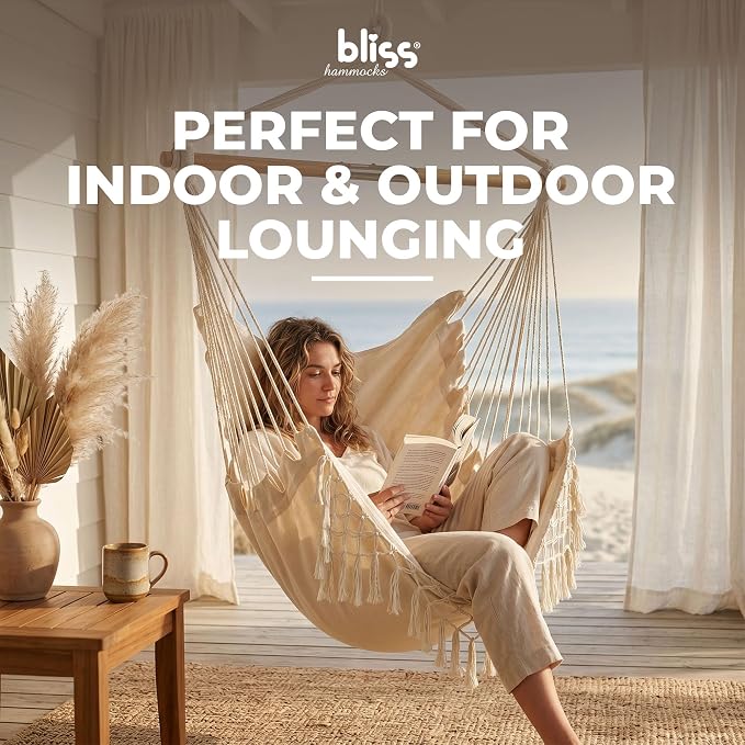 Bliss Hammocks BHC-412FR 40" Island Rope Fringe Hammock Chair w/Hanging Hardware & Spreader Bar, Outdoor, Patio, Lawn, Eco-Friendly, Hand-Woven, 250 Lbs Capacity, Natural