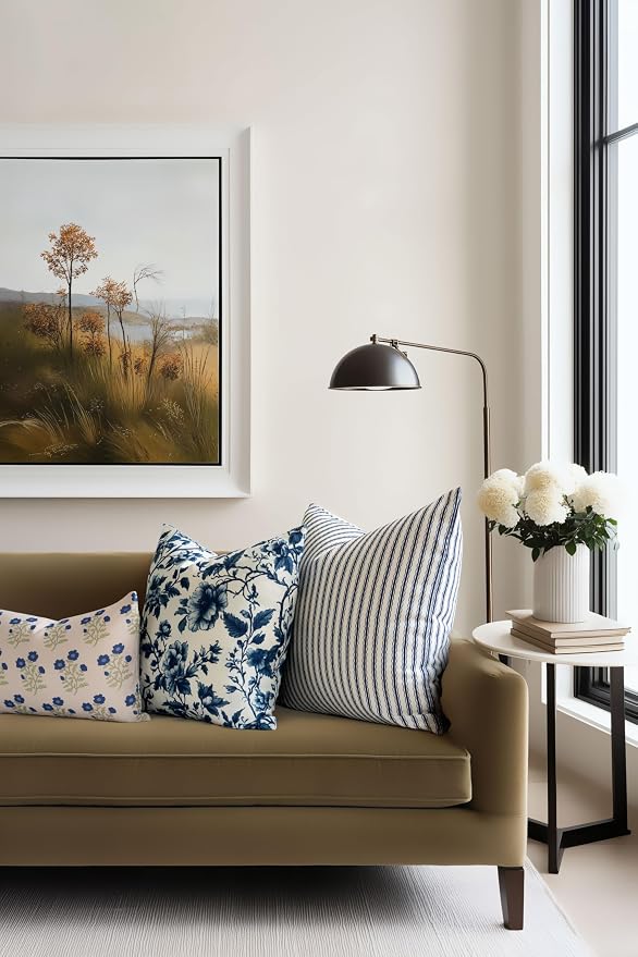 California Casual Coastal Indoor Outdoor Throw Pillow Cover, 20"x20" Water Repellent for Patio, Backyard, Couch, Poolside, Dark Navy Print Vintage Chinoiserie Floral