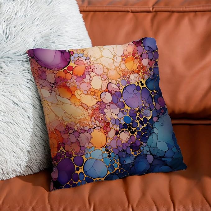 Ink Rainbow Shapes with Gold Cushion Cases Abstract Alcohol Ink Textures Throw Pillow Cover Retro Square Couch Sofa Cushion Covers for Patio Funiture Garden 24x24 in