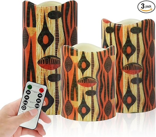 Remote Flameless Candles-Set of 3 African Tribe Design LED Pillar Candles Battery Operated Candle with Timer, 4" 5" 6" for Home Table Decor