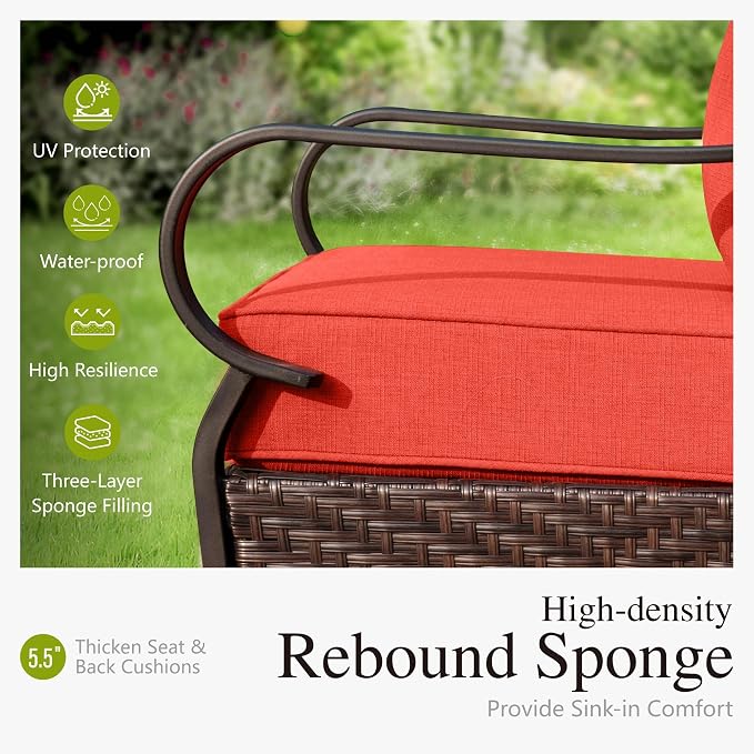 Sophia & William Extra Large Outdoor Patio Motion Sofa Chairs Set 2 PCS Heavy-Duty Metal Porch Furniture with High Back & Deep Seating Area, 5.5" Thicken Cushions for Deck, Lawn, Outside (Red)