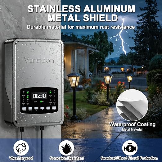 Vansdon 200W Low Voltage Landscape Transformer,2 Zone,Photocell & Timer | 120V AC to 12V/14V AC,Circuit protection & Memory function,5 modes,Weatherproof,for Outdoor Pathlight,Spotlight,ETL Listed