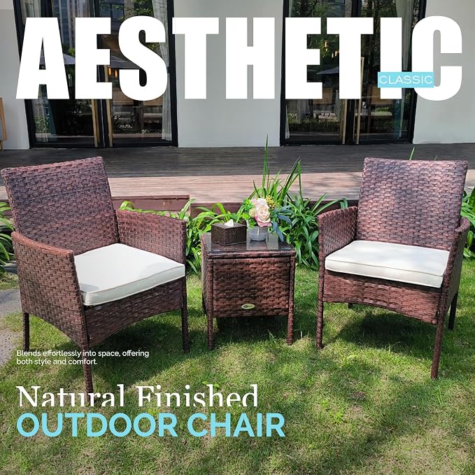 DIMAR GARDEN 3 Pieces Outdoor Patio Furniture Set Porch Conversation Rattan Wicker Chairs with Coffee Table,Mix Brown
