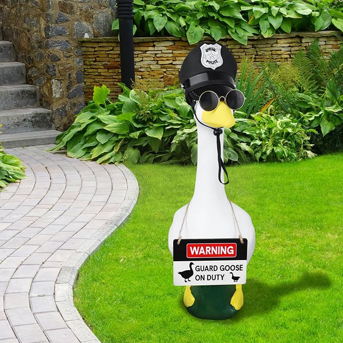 Horolam Porch Goose Outfits, 17"/23" Yard Guard Goose Outfit with Porch Goose Sign Goose Police Hat Eyeglasses Wooden Gooses Warning Sign Danger for Patio Lawn Garden Decoration