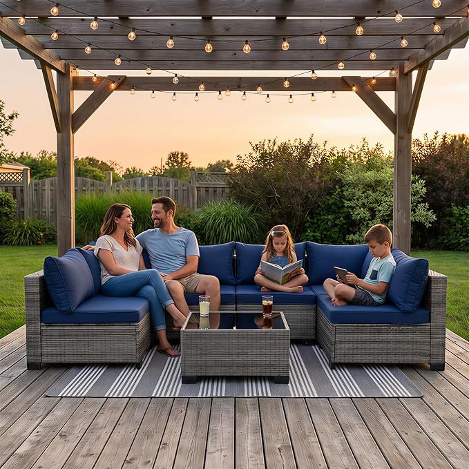 7 Piece PE Rattan Sectional Patio Furniture Set, Blue | All Weather Outdoor Conversation Sofa Set with Coffee Table & Thick Cushions, Ideal for Backyard Porch Garden