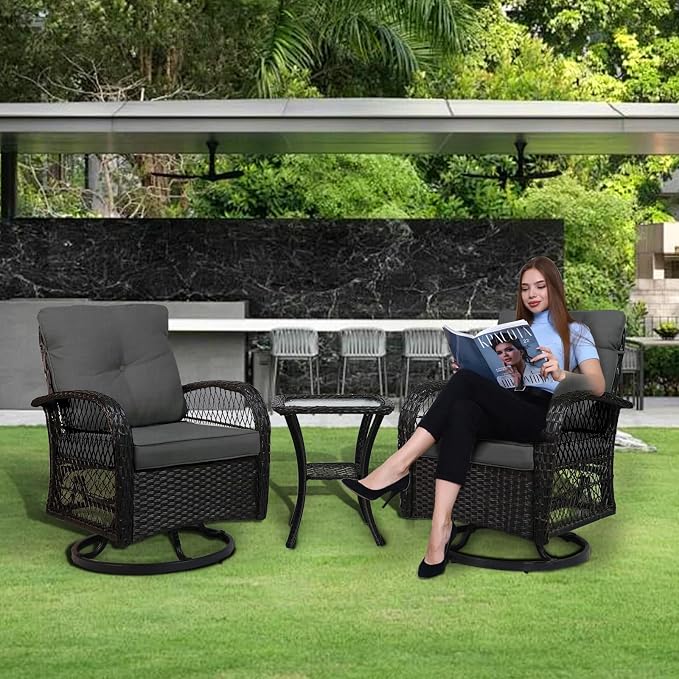 SHGJ&SOFT 3 Piece Patio Furniture Set, 2 Outdoor Swivel Rocking Chairs with Side Table, Wicker Glider Chairs, All-Weather Rattan Bistro Set for Porch, Deck, Pool (Grey, Brown Open-Weave Rattan)