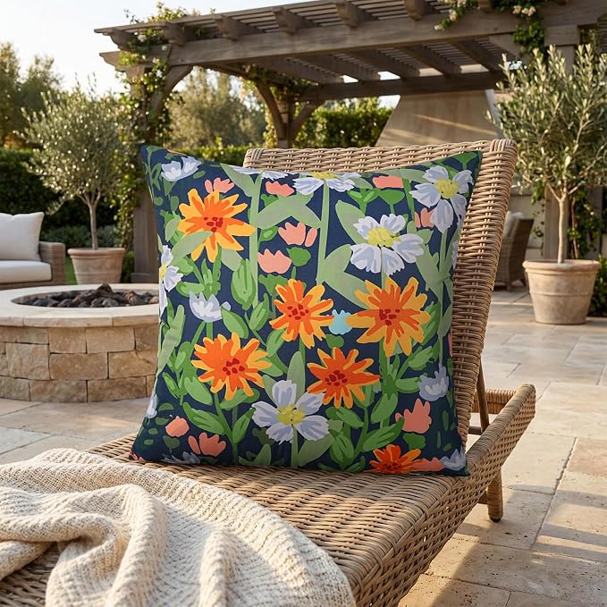 Pyonic Spring Summer Floral Outdoor Pillow Covers 18x18 inch Waterproof Throw Pillow Covers Outdoor Pillows for Patio Furniture Garden Bench Porch,Navy