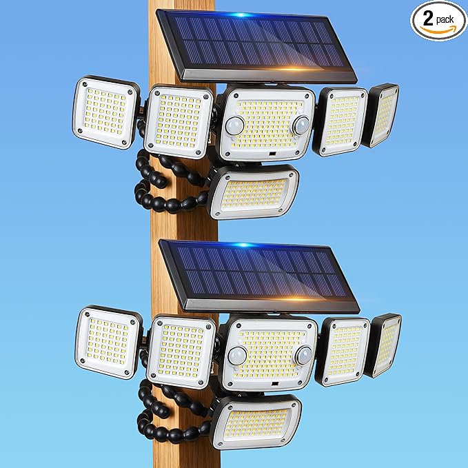 Motion Sensor Outdoor Lights with Flexible Octopus Tripod,6000LM 336LED Security Flood Lights with Remote Control, 360°Wide Angle, 6 Heads Solar Lights Outdoor Waterproof for Yard Patio Garage(2pack)