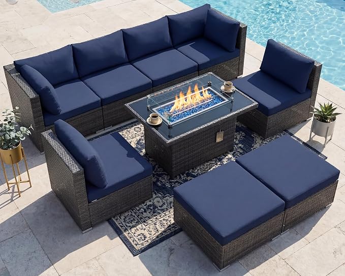 RADIATA 9 Piece Wicker Patio Furniture Set with Fire Pit, All-Weather Outdoor Sectional Couch High Back Large Size, Modular Backyard Seating Sofa Set with Propane/Natural Gas Firepit Table, Grey&Blue