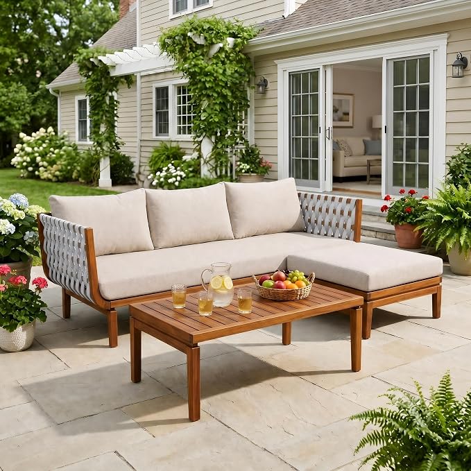 Christopher Knight Home Gwen 3 Piece Acacia Wood Patio Conversation Set with Sofa, Coffee Table and Ottoman, 3-Seater Sofa with Water-Repellent Cushion, Outdoor Patio Furniture Set, Teak+Beige