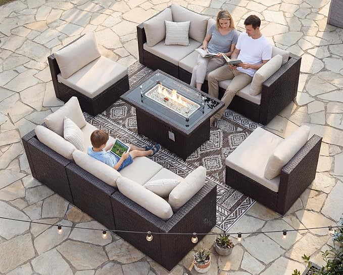 NICESOUL 9 Piece Patio Furniture Conversation Set, Extra Large Size Outdoor Rattan Sectionals with Fire Pit Table Natural Gas & Propane Convertible, 29.3'' High Back 8 Seater Deep Wide Sofa, Espresso