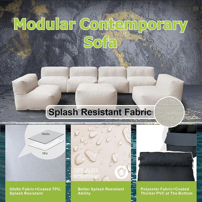 ANNYH CALALUNA 7Pc Patio Garden Furniture Sectional Conversation Set.Combines 6 Middle Chairs 1 Ottoman/Coffee Table Outdoor Exp Foam Filled Chairs A Unique Modular Contemporary Sofa (Light Beige)