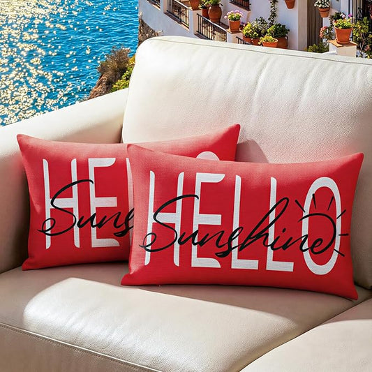 Lewondr Waterproof Outdoor Throw Pillow Cover, 12×20", Red | 2 Pack, Hello Sunshine Printing, Summer Garden Decor, For Patio Sofa, Balcony Couch, Bench Porch