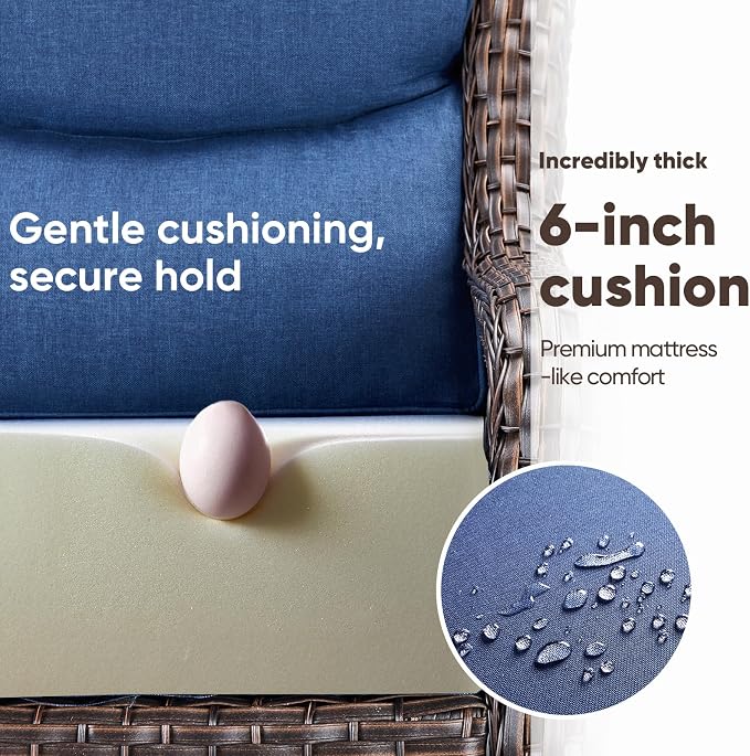 Swivel Patio Chairs sofa Set of 8 with 6" Thick Cushion - Wicker Outdoor Swivel Rocker Patio Chair ,Sofa/Glass coffee table, High Back Comfortable Outdoor Glider Chairs - Brown Wicker - Blue Cushions