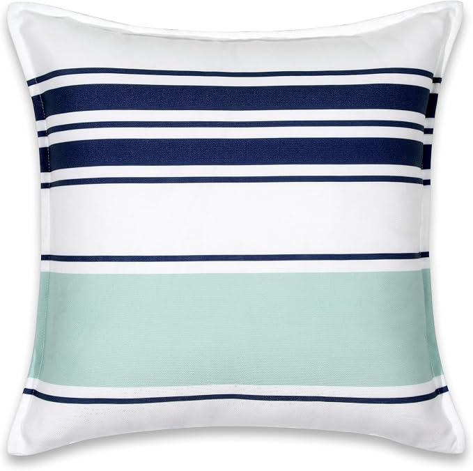 Hofdeco Premium Coastal Patio Indoor Outdoor Throw Pillow Cover Only, 20"x20" Water Repellent for Backyard, Couch, Navy Blue Aqua Stripes
