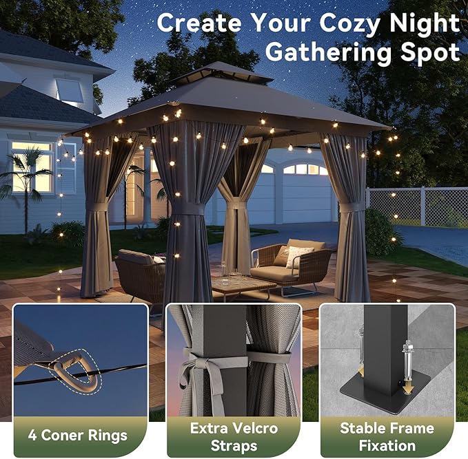 8'x8' Gazebo, Outdoor Gazebo Metal Frame Canopy with Double Roofs, Heavy Duty Patio Tent Shelter with Mosquito Netting and Privacy Screen for Backyard, Grey