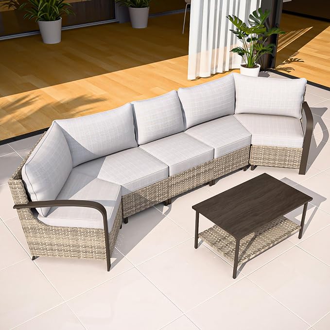 COOS BAY Aurora Terrace 4 Piece Outdoor Sectional Furniture Set, Half Moon Rattan Wicker Conversation Set with 5 Seat Sofa & Coffee Table for Patio Garden Yard, Beige/Beige