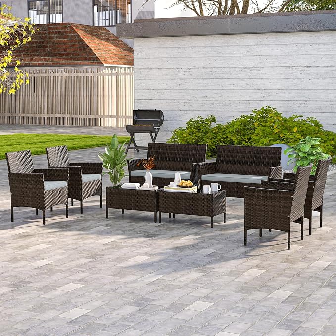 4 Piece Patio Furniture Set, Sectional Conversation Sofa Set with Glass Coffee Table, Cushions & Loveseat, Wicker Outdoor Table and Chairs for Pool, Garden, Deck, Backyard (2, Grey)