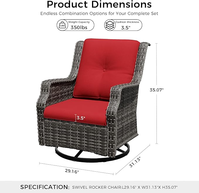 Swivel Patio Chairs Set of 2, Wicker Patio Furniture with Thick Cushions, Curved Armrest, Deep Seating, Rattan Outdoor Chairs for Porch, Deck, Balcony