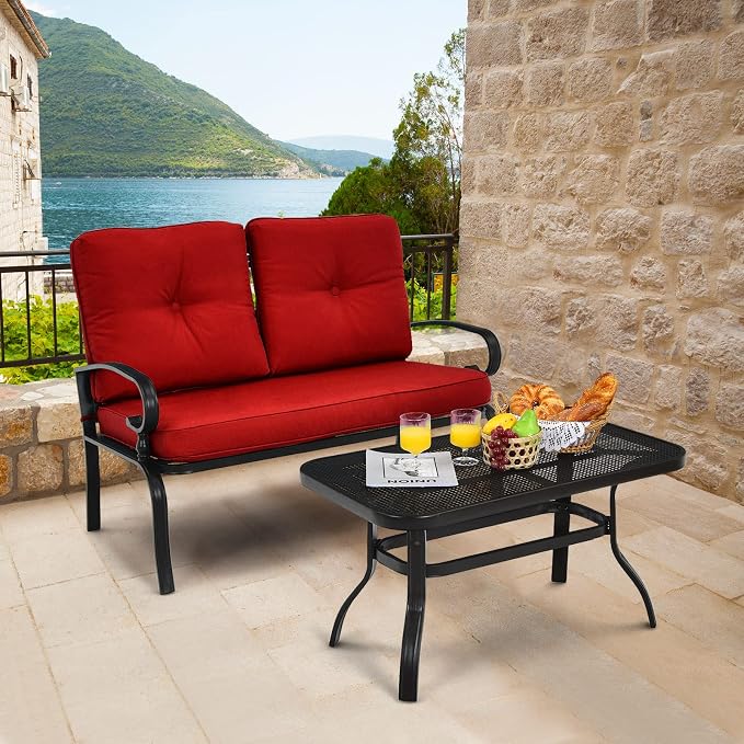RELAX4LIFE Patio Loveseat with Coffee Table - 2-Piece Patio Conversation Sofa Set w/Backrest & Cushions, Modern Outdoor Glider Bench for Garden, Backyard, Poolside, Metal Porch Furniture (Red)
