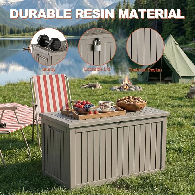 EFU Outdoor Storage Box 260 Gallon Deck Box (Indoor & Outdoor) Lockable UV Resistance Waterproof Resin Storage Bin Storage Box for Outdoor,Patio Storage With Support Rod(Taupe)