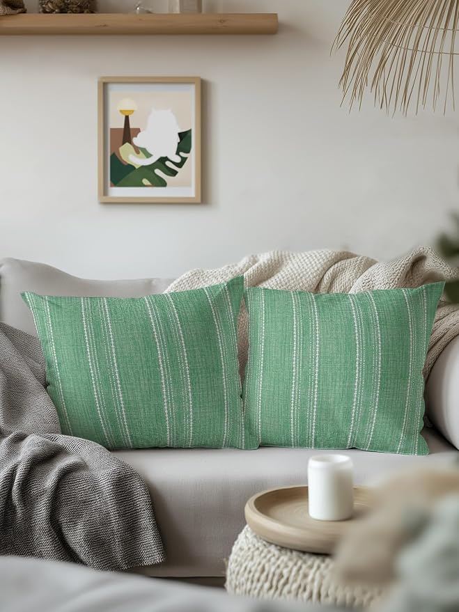 Vandarllin Waterproof Outdoor Pillow 1 Pack Sage Green Linen Stripes Decorative Throw Pillows Cover & Insert 18x18 Inch Pillowcase Parallel Vertical Lines Pillows for Couch Sofa Bed Patio Furniture
