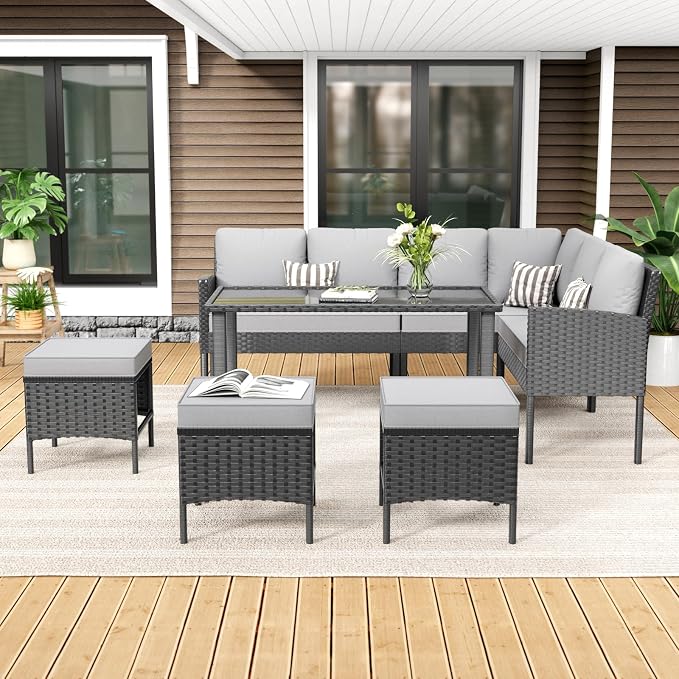 7-Piece Patio Furniture Set with Cushions and Pillows, Outdoor Wicker Sectional Sofa with Long Glass Coffee Table, All-Weather Conversation Set for Garden, Porch, Lawn, Gray