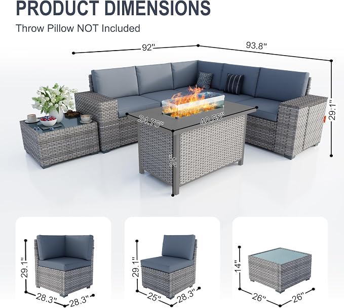 7-Piece Outdoor Patio Furniture Set, Rattan Wicker Conversation Set with Wide Armrests, Outdoor Modular Sectional Couch Seating Group Sofa with Fire Pit for Deck Garden Porch (Gray Cushions)