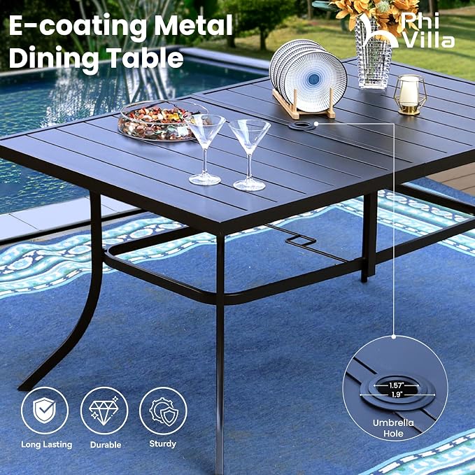 PHI VILLA 8 Piece Patio Dining Set with 13ft Patio Umbrella (Navy Blue), 6 Outdoor Padded Swivel Dining Chairs & 1 Large Metal Dining Table for Lawn Garden Backyard (No Umbrella Base)