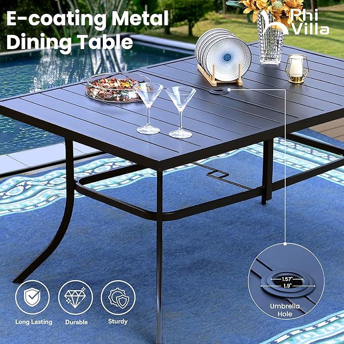 PHI VILLA 8 Piece Patio Dining Set with 13ft Patio Umbrella (Beige), 6 Outdoor Padded Swivel Dining Chairs & 1 Large Metal Dining Table for Lawn Garden Backyard (No Umbrella Base)