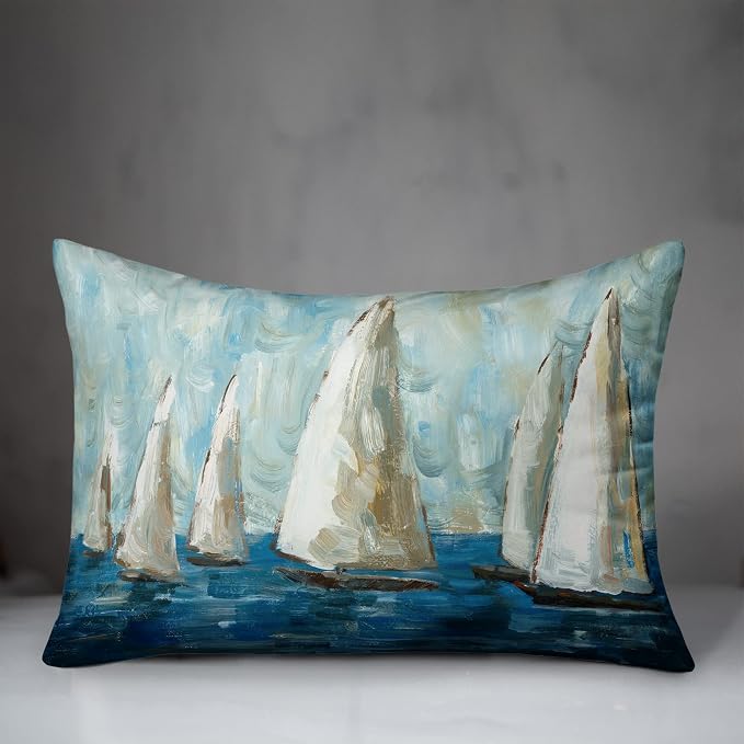 Painted Sailboats Indoor/Outdoor Pillow | Decorative Pillows for Living Room Couch Bed Sofa Patio, Fluffy Soft Cushion | Water Resistant Multi, 14x20