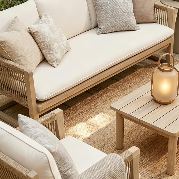 SUNSITT 6-Piece Acacia Wood Patio Furniture Set, Outdoor Conversation Sofa Set with 3-Seat Sofa, 4 Rope Woven Outdoor Club Chairs & Slatted Coffee Table, Cream White Cushions for Porch, Backyard, Deck