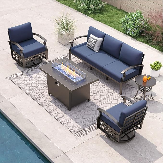 ALAULM Aluminum Patio Furniture Set with Propane Fire Pit Table 5-seat Metal Outdoor Furniture w/Fire Pit Patio Sectional Sofas w/5.1" Cushions for Patio, Backyard, Poolside-Dark Blue