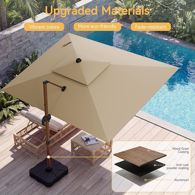 10x13 FT Wood Pattern Patio Umbrella, Large Deluxe Cantilever Rectangular Double Top Heavy Duty Offset Umbrellas with 360° Rotation, Outdoor shade for Garden Deck Pool Patio, Tan