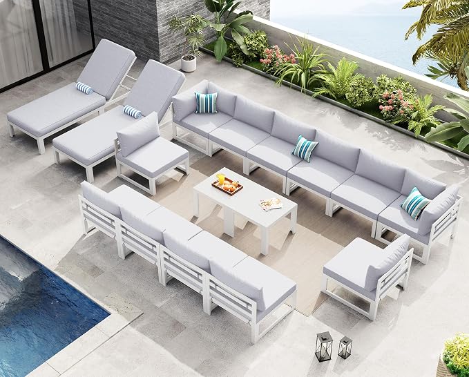 NICESOUL Extra Large Aluminum Patio Furniture Set with Chaise Lounge, All-Weather 29" Wide Seats Outdoor Sofa Conversation Set, 16 Piece Modern Sectional Couch for 14 Seats, for Garden, Light Gray