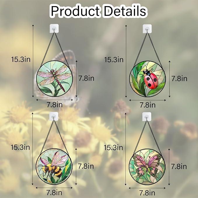 DASTOLL Stained Glass Window Hanging 4 Pcs Set Pink Green Insect Theme 7.8" - Butterfly Suncatcher Door Garden Sun Catcher Decor Birthday Christmas for Mom Woman Nana Men