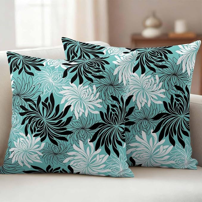 Yukro Teal Black Floral Outdoor Waterproof Pillow Covers Pack of 2, Vintage Teal White Black Flower Decorative Throw Pillowcases Cushion Covers for Garden Patio Tent Sofa Couch, 18x18 inch