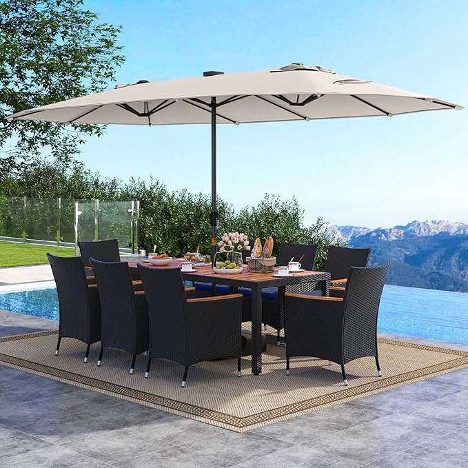 Tangkula 11 Pieces Patio Dining Set with Double-Sided Led Patio Umbrella (Base Included), with 8 Stackable Chairs, Acacia Wood Dining Table and Large Umbrella with Solar Lights (Beige + Navy)